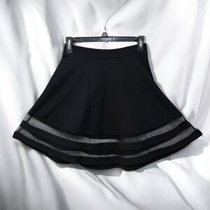 Monteau Black Mini Skirt Sheer Panels Textured Fabric Woman Medium Flare Pull On